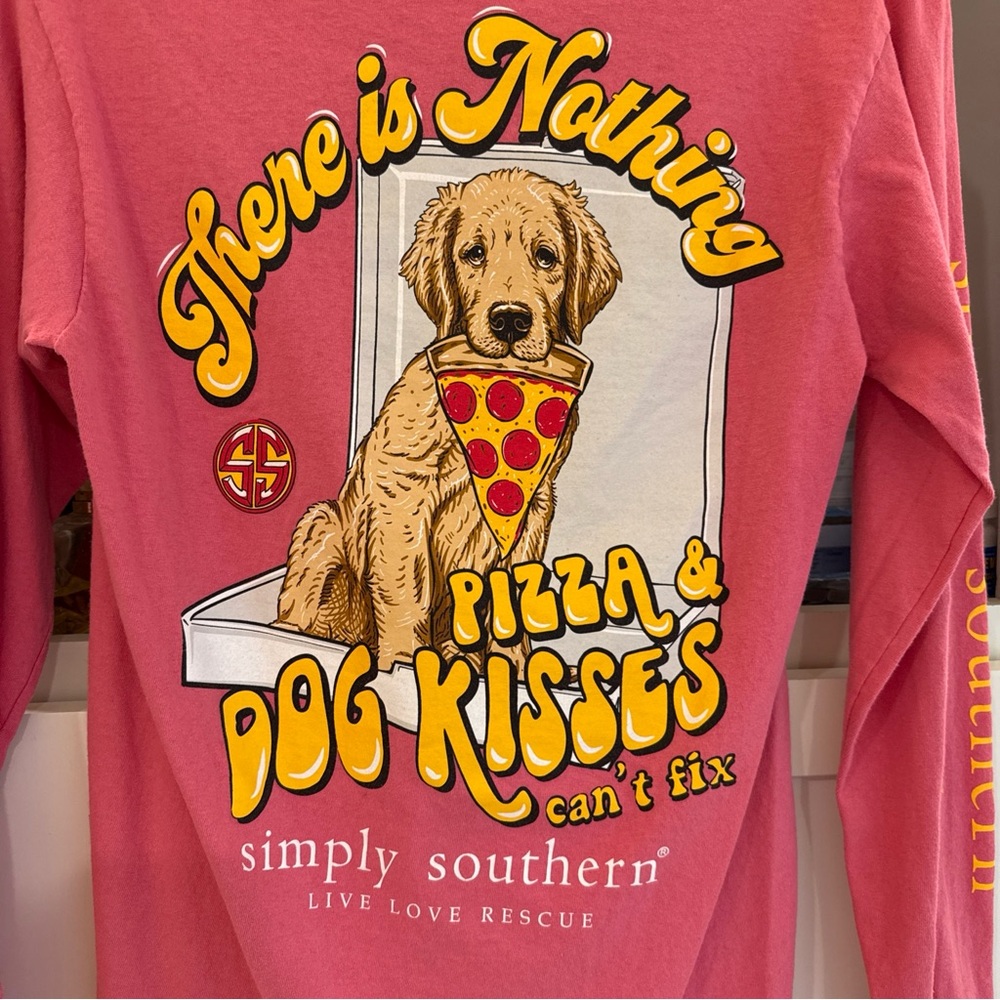 Small simply southern pink long sleeved T shirt Dog Kisses and Pizza - Picture 6 of 7
